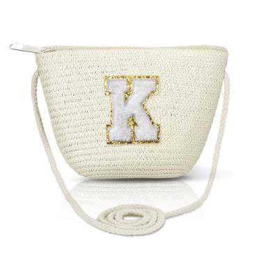 Imagem de Bolsa transversal de palha para mulheres bolsas de verão iniciais feitas à mão bolsa de praia tecida para viagens férias presentes de aniversário personalizados, Bege-grande-k