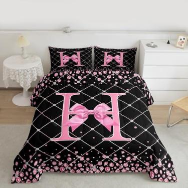 Imagem de Feelyou Conjunto de edredom infantil com laço rosa, solteiro, letra H, princesa, glitter, para quarto de crianças, meninos, meninas, decoração de alfabeto, microfibra, ultramacia e respirável