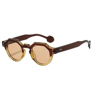 Imagem de HCPIHF Óculos de sol redondos masculinos, armação dupla, UV400, retrô, feminino, rebites, punk (marrom, champanhe)