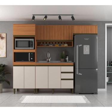 Imagem de Cozinha Modulada Cecília 4 Pecas Com Aéreo Ripado E Aéreo Geladeira Freijo/off White J Carvalho