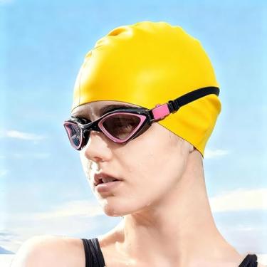 Imagem de Toucas de natação de silicone duráveis para mulheres, homens e adultos, fáceis de colocar e tirar, chapéus de natação impermeáveis para manter o cabelo seco (amarelo)