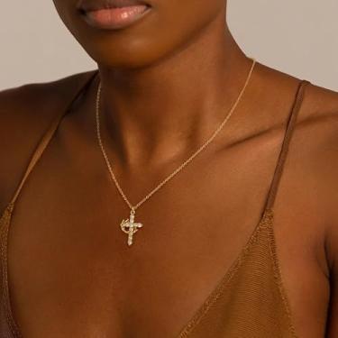 Imagem de Colar de cruz de diamante para mulheres – colares delicados com pingente de zircônia cúbica banhada a ouro 14K, simples, fofo, minúsculo, presentes de aniversário, joias modernas, 17.7+2", Latão, Sem