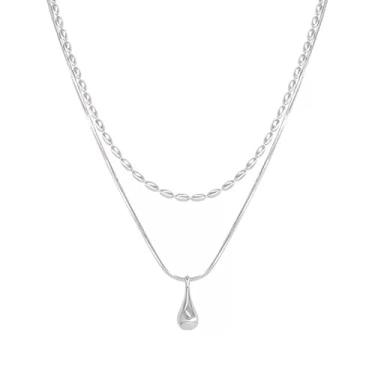 Imagem de DIAMANTIO Colar de prata de camada dupla minimalista banhado a ouro 18K – Corrente elegante em camadas com pingente de gota para mulheres