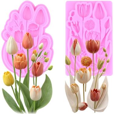 Imagem de MIYAHOUSE Moldes de silicone para fondant de tulipa para decoração de bolos, topo de cupcake, pasta de goma de chocolate, argila de polímero, conjunto de 2