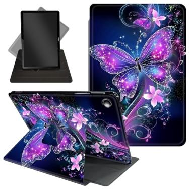 Imagem de Capa para tablet Amazon Kindle Fire HD 10 e Fire HD 10 Plus (11ª geração, versão 2021) 10,1 polegadas com suporte giratório de 360 graus, função de despertar/dormir, borboleta roxa brilhante