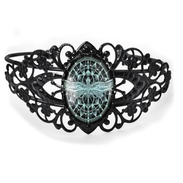 Imagem de Pulseira de filigrana de libélula azul - Arte mandala esotérica, prata bronze antigo ou preto, joia de vidro artesanal vitoriana - 125-CB, Adjustable, Vidro, Sem Pedra Preciosa