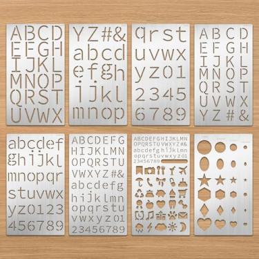 Imagem de Eageus 8 peças de estêncil de letras pequenas de metal para pintura, modelo de alfabeto de 1/4 1/2 3/1 polegada estêncil de letras queimadas de madeira para esculpir diário de pirografia (letras