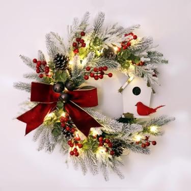 Imagem de Guirlanda de Natal com pinheiro nevado, frutas vermelhas, pinhas e casa de pássaro, decoração de porta de Natal de 50 cm