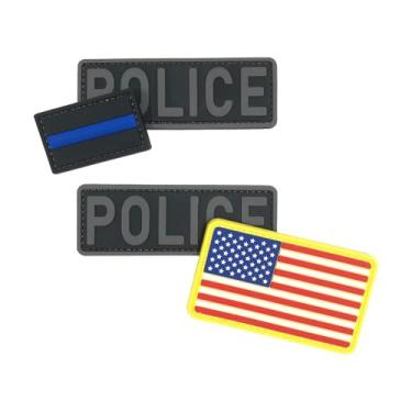 Imagem de uuKen 4 adesivos de PVC da polícia 10 cm × 1,10 cm com fecho de gancho nas costas para chapéus, coletes, mochilas, bolsas cosplay (4 peças, 2 cinza pequeno, bandeira, patch azul fino)