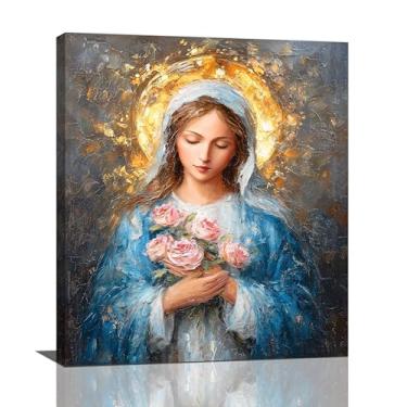 Imagem de Arte de parede de Maria Cristã Maria Mãe de Deus Tela Decoração de Parede Católica Mãe Abençoada com Rosas Imagens de Cristo Impressões Arte Bíblia Religiosa Decorações Emolduradas para Igreja Sala de