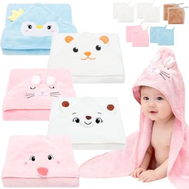 Imagem de Pacote com 15 toalhas de bebê com capuz, toalha de banho macia e absorvente para bebês, itens essenciais para recém-nascidos, design de animal fofo, toalha de bebê com capuz para bebês meninos e