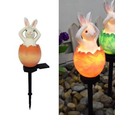 Imagem de YZYOE Lâmpada de coelho de ovo movida a energia solar, lâmpada de chão de resina decorativa de jardim com animais fofos, luzes LED à prova d'água do crepúsculo ao amanhecer.