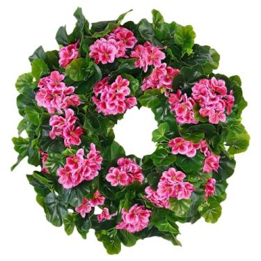 Imagem de Guirlanda de gerânio de primavera para porta da frente – flores de seda rosa de 61 cm com folhas verdes – decoração interna e externa durante todo o ano para casa, casamentos ou festas (rosa, grande)