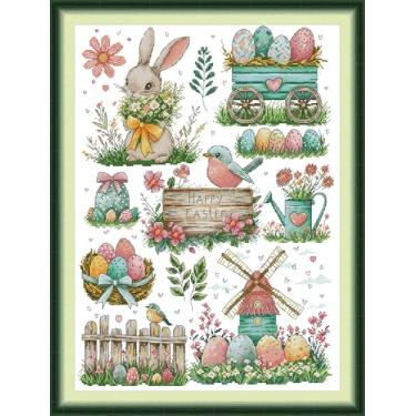 Imagem de Threadhaven Kit de ponto cruz estampado de 16 quilates - padrões de gama completa para adultos, kit de bordado de impressão de alta definição, ideal para iniciantes - Coelho com ovos de Páscoa 36 x 46
