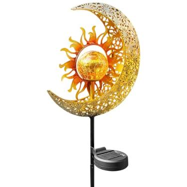 Imagem de Lanternas solares de jardim com moldura suspensa de ferro, design de lua crescente e estrela, iluminação externa movida a energia solar e decoração de quintal