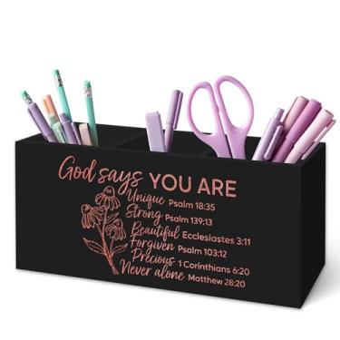 Imagem de TWRVI Suporte de caneta floral cristão inspirador para mesa, presentes cristãos para mulheres, God Says You Are Bible Versículo da Bíblia Escritura Religiosa Porta-lápis de madeira para casa