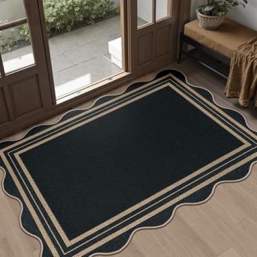 Imagem de LORWER Tapete preto de juta fácil recortado, 6 x 10 cm tapete lavável para porta da frente tapete antiderrapante para área de cozinha pequena, tapetes de piso de pilha baixa para entrada de varanda
