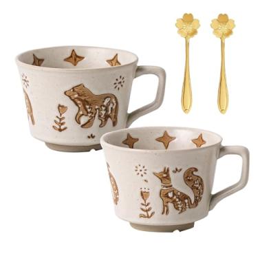 Imagem de JIGVOE Conjunto de 2 canecas de café de cerâmica, xícaras de chá de grés com colher de flor, canecas fofas para mulheres e homens, adequadas para café com leite de cacau, café expresso, lava-louças e