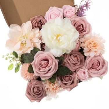 Imagem de Khyxvbcd Conjunto de caixa de 30 peças de rosas e flores artificiais, buquês rosa para decoração de chá de casamento, arranjos florais falsos para mesa de festa, decoração de casa, ambientes internos