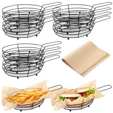 Imagem de LUMINFLY 12 cestas de batatas fritas em ferro preto, com alças para servir, bandejas ovais de malha para apresentação, 50 com papéis, tigelas de alimentos fritos, festas para porta-fritadeiras