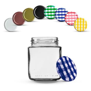 Imagem de Pote Vidro Pequeno, 12 Potes de Vidro 240ml com Tampas Metálicas E Lacres(Azul Xadrez)