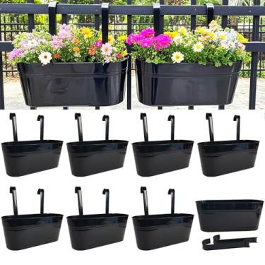 Imagem de Joyfernal Plantadores suspensos para plantas ao ar livre, vasos de 43 cm, vaso de flores de cerca de metal para varanda e varanda com gancho removível (preto, pacote com 8)