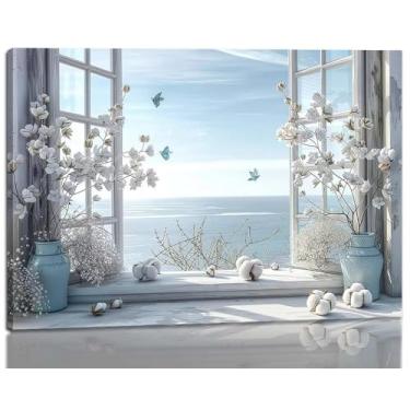 Imagem de Tela de praia com janela aberta emoldurada arte de parede costeira decoração de parede imagem flores brancas e borboletas pintura arte de parede janela falsa horizontal paisagem paisagem litorânea