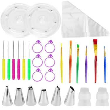 Imagem de Kit de decoração de biscoito com 48 peças, incluindo pincéis de decoração de mesa giratória de acrílico com agulhas de escriba, pontas de confeiteiro, ferramentas de confeiteiro reais para decorações