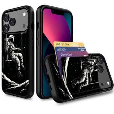Imagem de wiaekosef Capa para iPhone 17 Pro, carteira com suporte para cartão de crédito de camada dupla híbrida à prova de choque PC + capa de TPU para iPhone 17 Pro 6,3 polegadas 2025, astronauta planeta