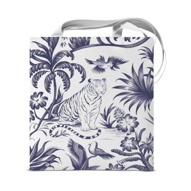 Imagem de KSFFWQIN Bolsa feminina preta e branca com estampa de selva estética reutilizável bolsa de ombro para compras, trabalho, viagem, bolsa de mão