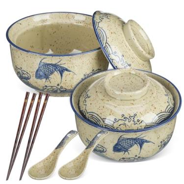 Imagem de CALLARON Tigela de ramen de cerâmica de 737 g, conjunto de 2 tigelas de macarrão japonês de 15 cm, tigela de sopa com tampa, colheres e pauzinhos, prato de ramen vintage para Pho, Udon