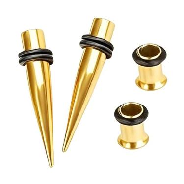 Imagem de CABBE KALLO Kit de alongamento de orelha de aço cirúrgico 316L, conjunto de cônicos e túneis, tamanhos 14G-00G, alargador único hipoalergênico com anéis de vedação para piercing corporal (tom dourado