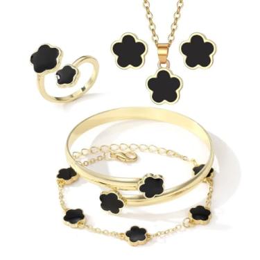 Imagem de Conjunto de Joias Femininas 5 Peças Trevo Black Premium Colar Brincos Anel Pulseiras Banhadas a Ouro Moda Luxuosa