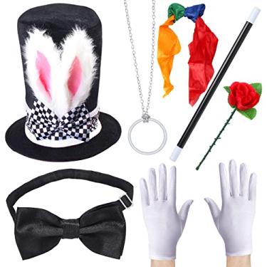 Imagem de Aichiyu Magician Costume Accessories for Men Women Halloween Pretend Play Dress Up Kit Magician Hat Wand White Gloves Magic Tricks (A)