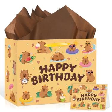 Imagem de Capybara Bolsa de presente de aniversário fofa capivara decorações de aniversário saco de papel de embrulho com cartão de felicitações grande com tema animal saco de presente para crianças, meninas