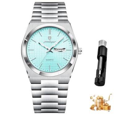 Imagem de Relógio masculino, movimento analógico de quartzo, caixa e bracelete em aço inoxidável, resistente à água, relógio de pulso cronógrafo, mostrador prateado-azul claro