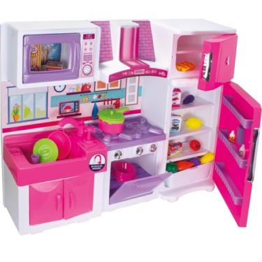 Imagem de Cozinha Infantil de Brinquedo com Acessórios e Utensílios, Conjunto com Fogão, Geladeira, Pia, Micro-ondas e Armário, 64x18x83cm, Rosa e Branco, 3,7kg, para Crianças 3+