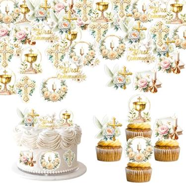 Imagem de 48 peças comestíveis primeira comunhão cupcake toppers wafer papel pomba cruz Deus abençoe e batismo escolhas de cupcake tema primeira comunhão chá de bebê festa de aniversário decoração de bolo