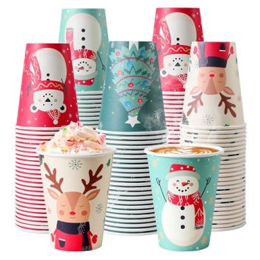 Imagem de Huifany Pacote com 100 xícaras de café de Natal de 340 g, copos de papel descartáveis de Natal com 4 designs de Natal para cacau quente, chocolate quente, bebida fria
