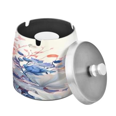 Imagem de Blueangle Cinzeiro de flores em aquarela com tampa para cigarros, à prova de vento/chuva, aço inoxidável, sem fumaça, inodoro, cinzeiro para uso interno ou externo (216)