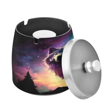 Imagem de Blueangle Dreamscapes Cinzeiro de lobo com tampa para cigarros, à prova de vento/chuva, aço inoxidável, sem fumaça, inodoro, cinzeiro para uso interno ou externo (398)
