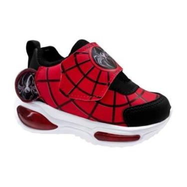 Imagem de Tênis Infantil Calce Fácil Aranha Estiloso com Led Menino Mini Pé Preto / Vermelho 32-Masculino
