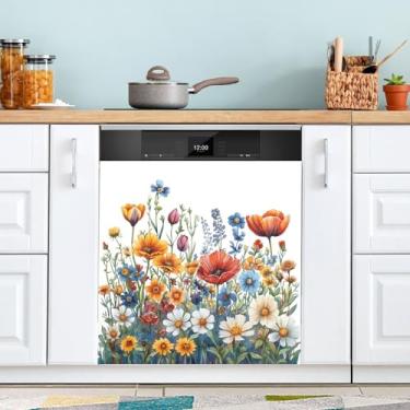 Imagem de ATTX Capa magnética de aquarela flores de jardim para lava-louças, 58,4 cm C x 66 cm A, decoração da capa da máquina de lavar louça, decalques de armário doméstico e eletrodomésticos adesivos #203
