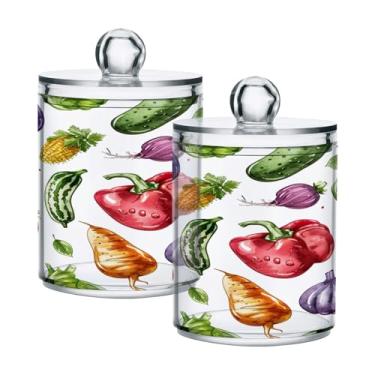 Imagem de ATTX Dispensador de suporte Qtip de vegetais em aquarela para bola de algodão, cotonete, frasco de boticário transparente, decoração de casa, pote de armazenamento de cozinha, pacote com 2 (146)
