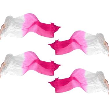 Imagem de PATIKIL Véu de leque de seda para dança do ventre 180 cm, 2 pares (esquerda + direita) leque feminino longo dobrável de madeira para apresentação de dança, branco gradiente rosa