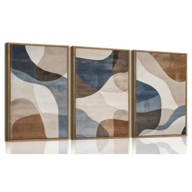 Imagem de KISSFOX Arte de parede emoldurada de 3 peças decoração de parede abstrata bege azul marrom imagens arte moderna em tela neutra grande pinturas de meados do século arte para sala de estar, quarto