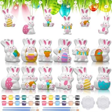 Imagem de RoundFunny Kit de pintura de cerâmica de Páscoa, 24 peças, pronto para pintar suas próprias estátuas de coelhinho em 3D, enfeites de coelhinho pendurado, kits de artes e artesanato para cesta de