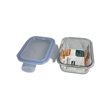 Imagem de Pote Retangular Hermético de Vidro Borossilicato, 370ml, Tampa de Silicone, Transparente com Azul, 15x11x5cm