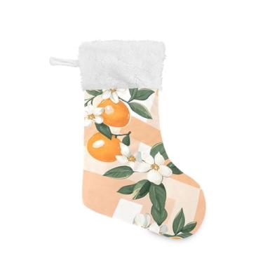 Imagem de Wassud Meia fofa de Natal com punho branco, laranjas e flores brancas, 45,7 cm, grande para decoração de lareira e cornija, pacote com 2