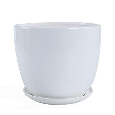 Imagem de Vasos de cerâmica para suculentas para ambientes internos e externos com bandeja de bambu, vaso de cacto, vaso de plantas, vasos de flores com drenagem para todas as plantas de casa (branco brilhante